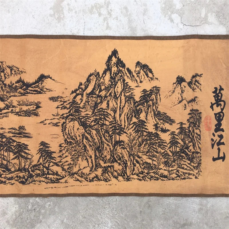 Chinese Old Long Scroll Calligraphy Painting Mural Vast Mountains And Rivers Spanning Thousands of Miles Traditional Art Decor