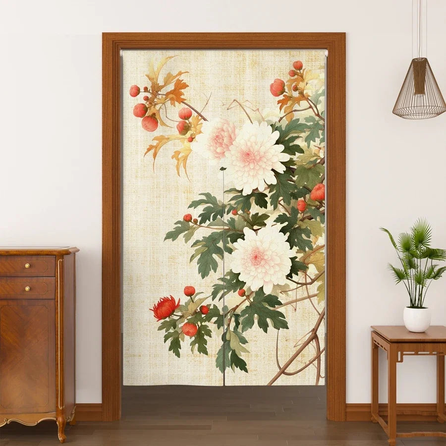 Japanese Ukiyo-e Floral Noren Door Curtain – Linen Blend Room Divider