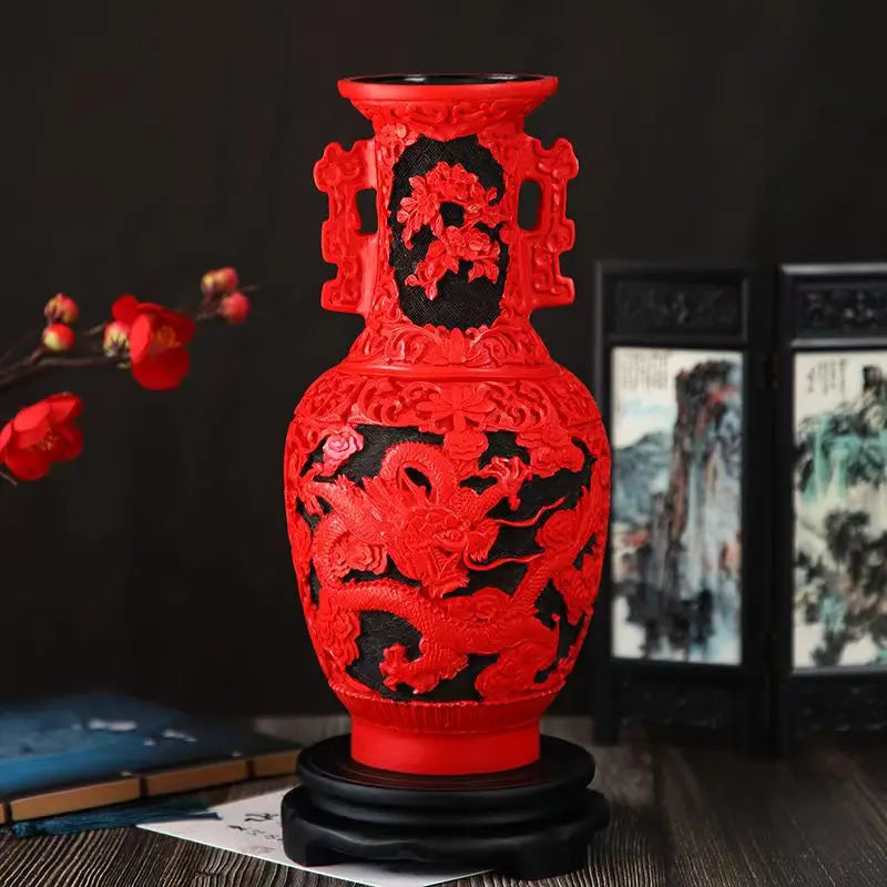 10 inch / Exquisite Chinese Classical Traditional Technology Red Lacquerware Dragon Auspicious Vase No.6