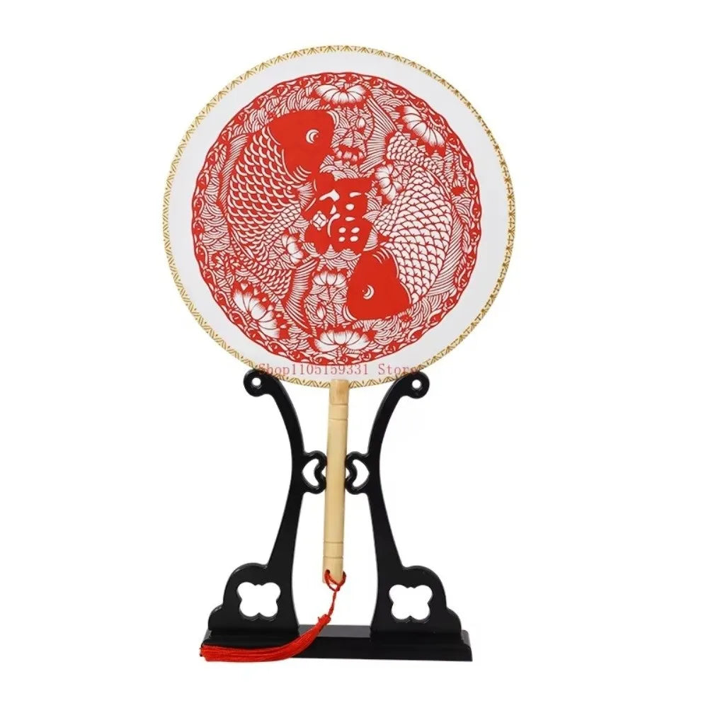 Chinese Paper-Cut Bamboo Silk Hand Fan with Tassel