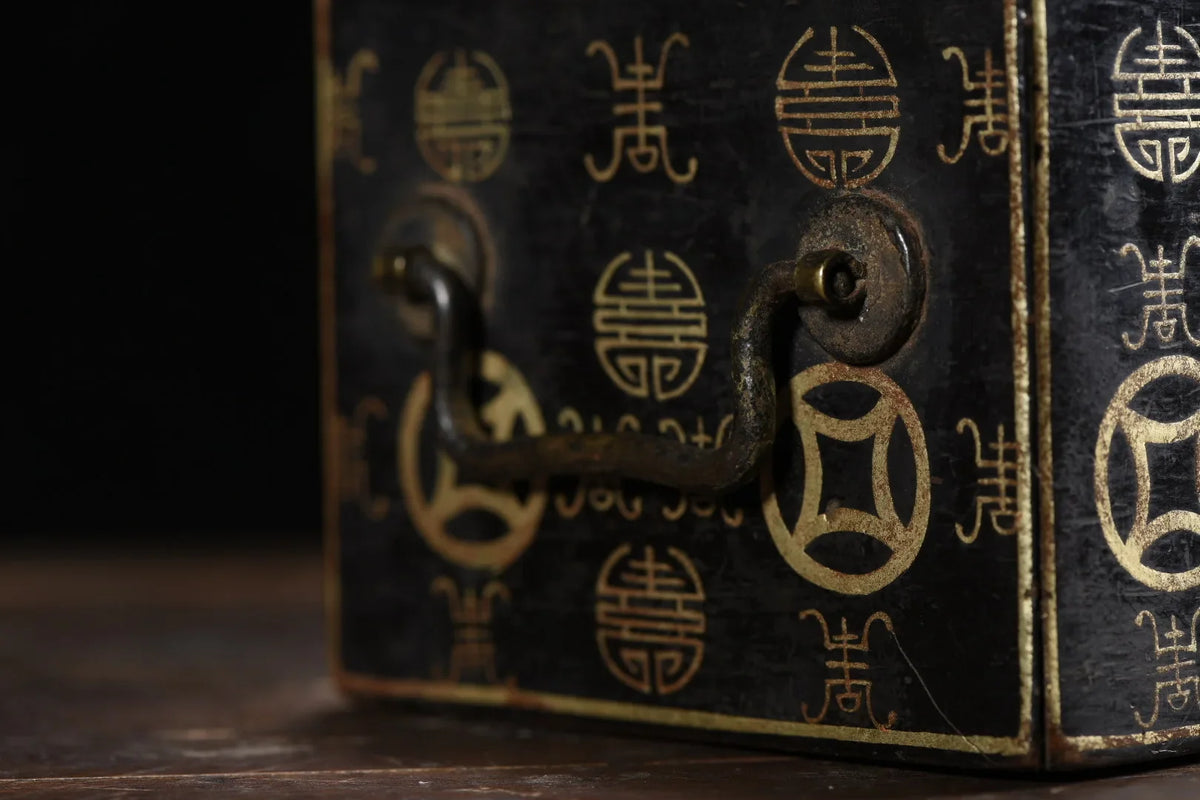 Old Wood Lacquerware Outline in gold Eight Treasures of Tuanshou Pattern Portable Buddhist niche Drawer box Ornaments