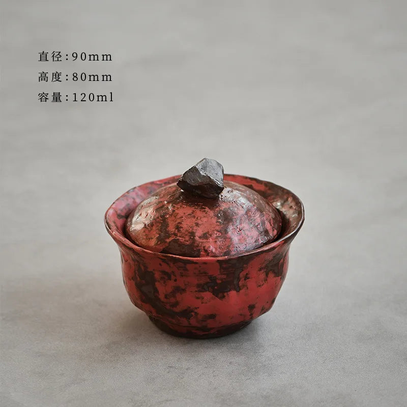 120ml Handmade Powder Yin Red Gaiwan – Japanese Coarse Pottery Tea Tureen