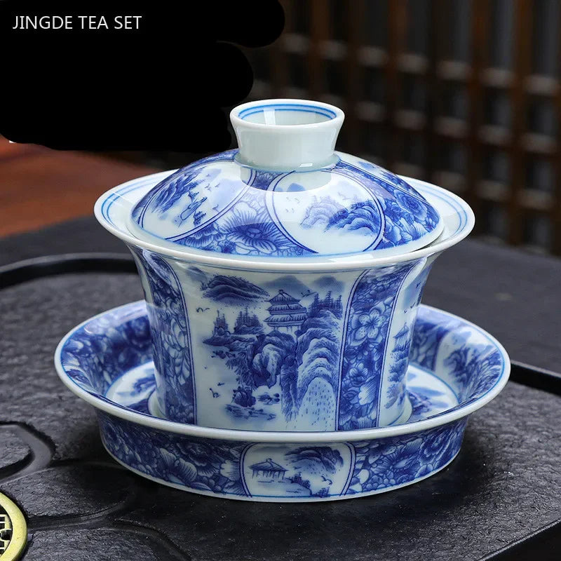 Luxurious 150ml Blue and White Porcelain Gaiwan – Handmade Tea Tureen