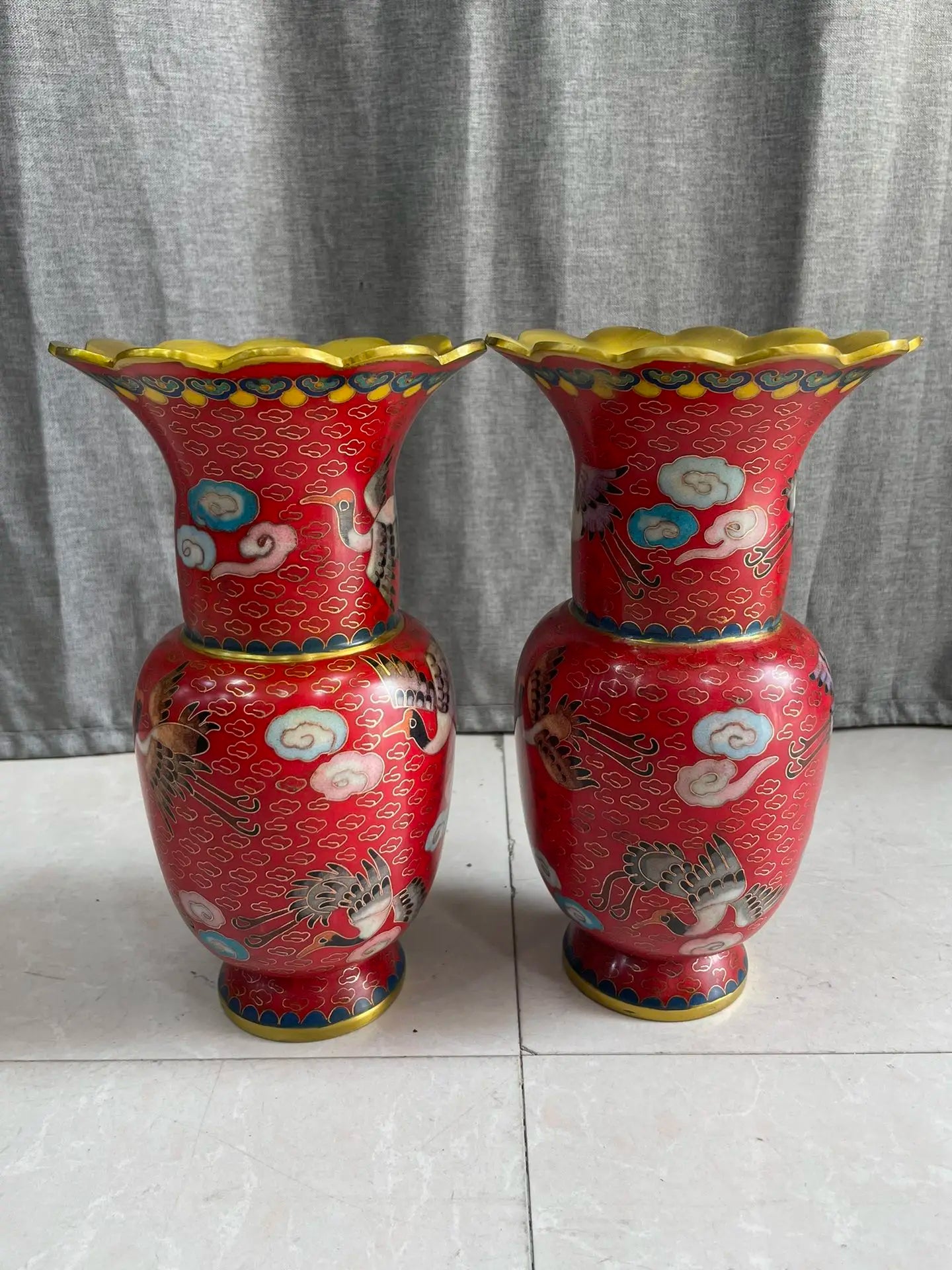 Tibetan Bronze Cloisonné Longevity Crane Vases (Pair, 9")