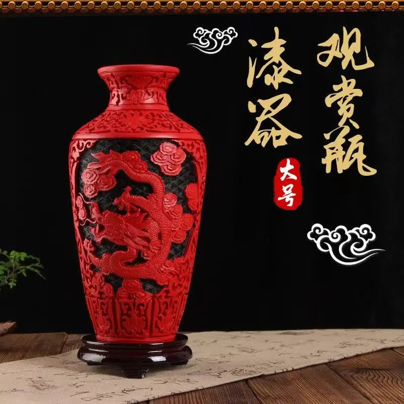 10" Chinese Red Lacquerware Dragon Vase