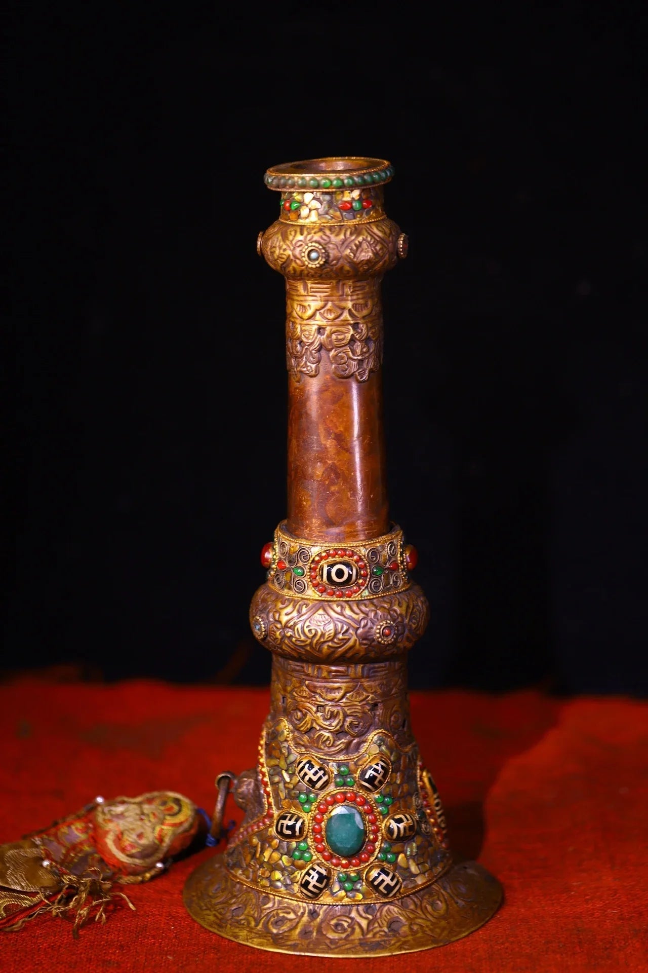 Tibetan Temple Purple-Bronze Prayer Horn – Mosaic Gem & Gzi Bead Amulet