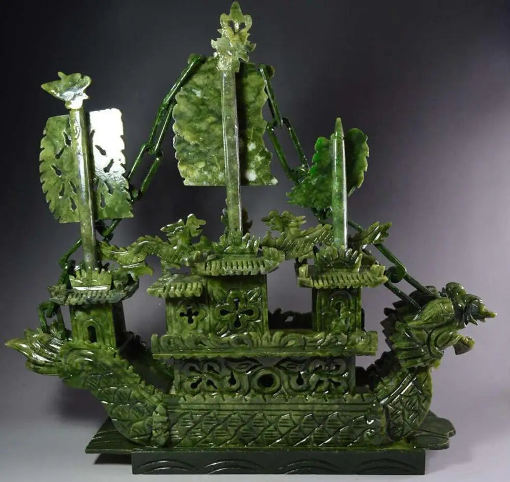 38cm Large Chinese Hand Carved 100% Natural Jade Incense Statue – Dragon Boat