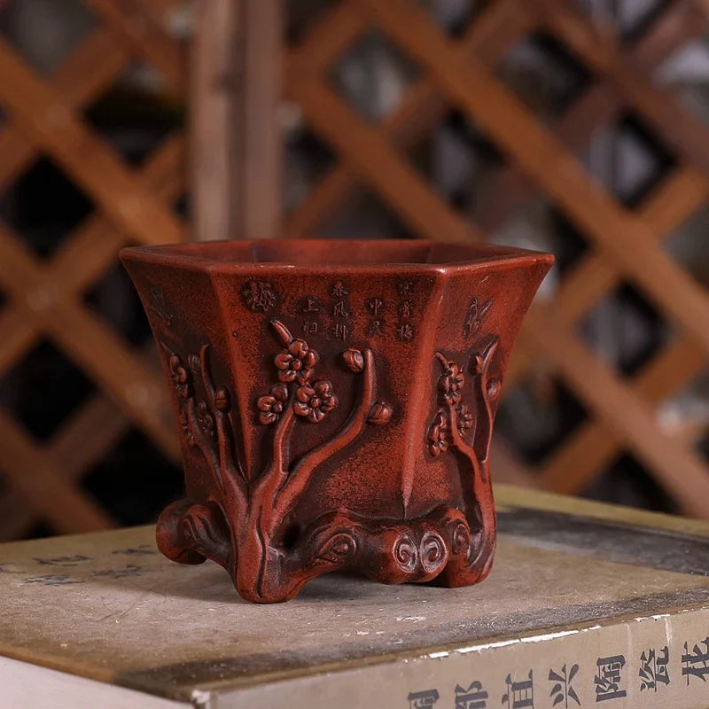 Purple Sand Plum Blossom Bonsai Pot – Carved Traditional Chinese Planter