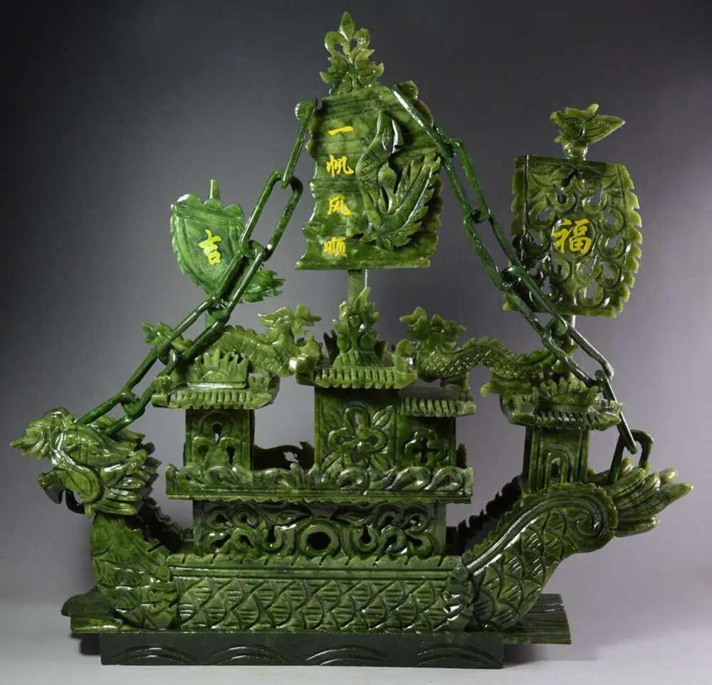 38cm Large Chinese Hand Carved 100% Natural Jade Incense Statue – Dragon Boat