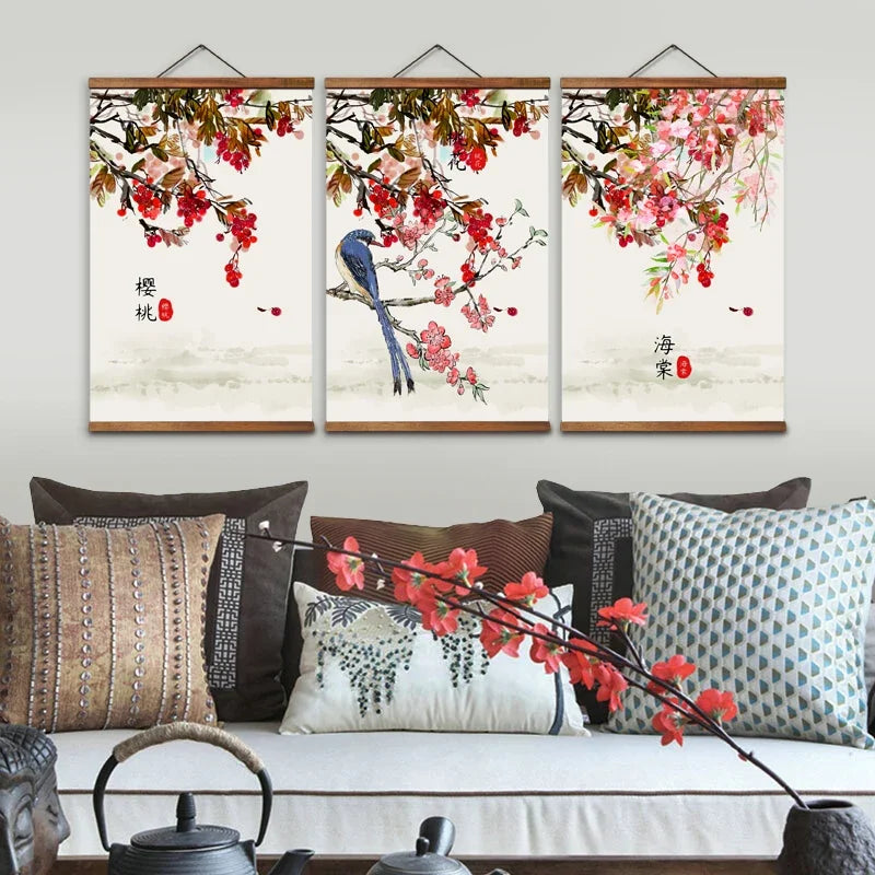 AS3040 Chinese Style Flower Bird Room Wall Art Canvas Posters Chinese Solid Wood Scroll Paintings