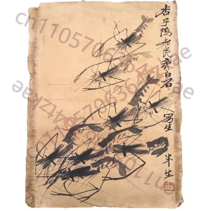 Qi Baishi Style “Eight Shrimp” Rice Paper Scroll Wall Decor