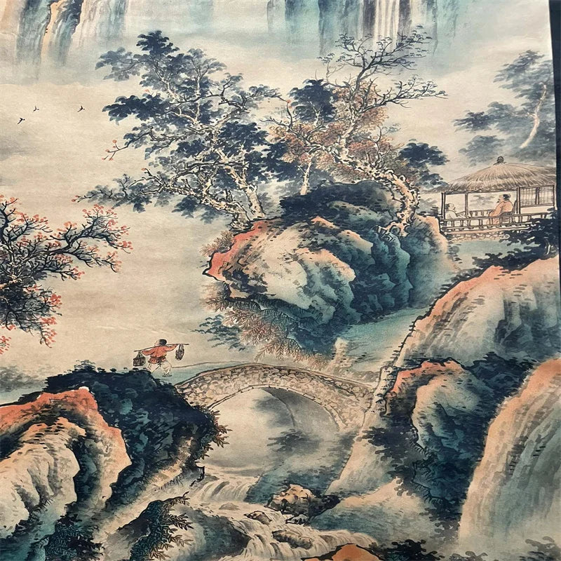 Tang Yin–Style Chinese Landscape Scroll – Ink & Color Hanging Painting
