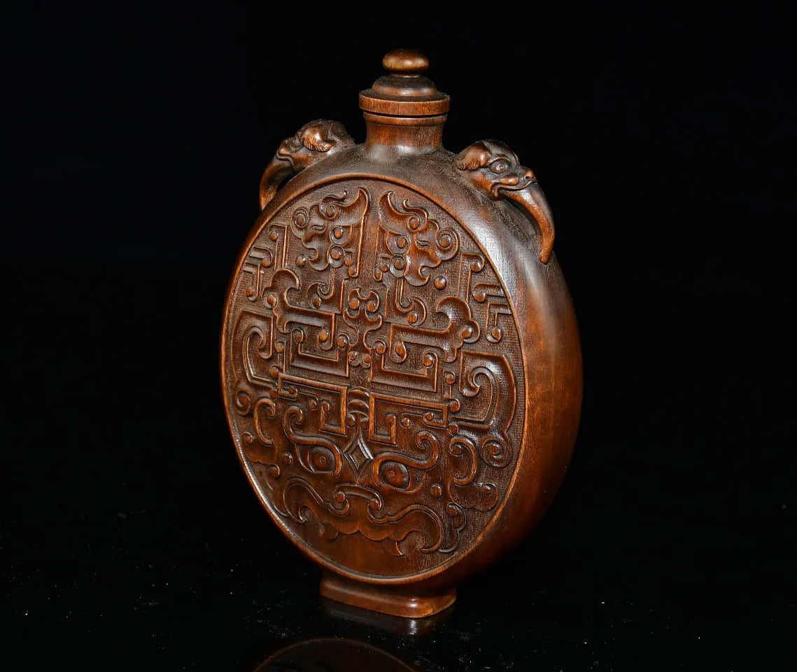 Tibetan Boxwood Flower Carved Snuff Bottle Dragon-Ear Vase