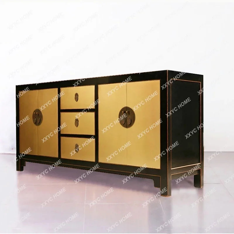 Chinese Solid Wood Gold Sideboard – Ming & Qing Inspired 4‑Door Foyer & Dining Cabinet
