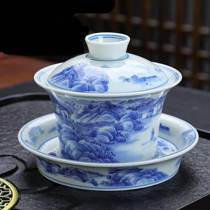 Luxurious 150ml Blue and White Porcelain Gaiwan – Handmade Tea Tureen