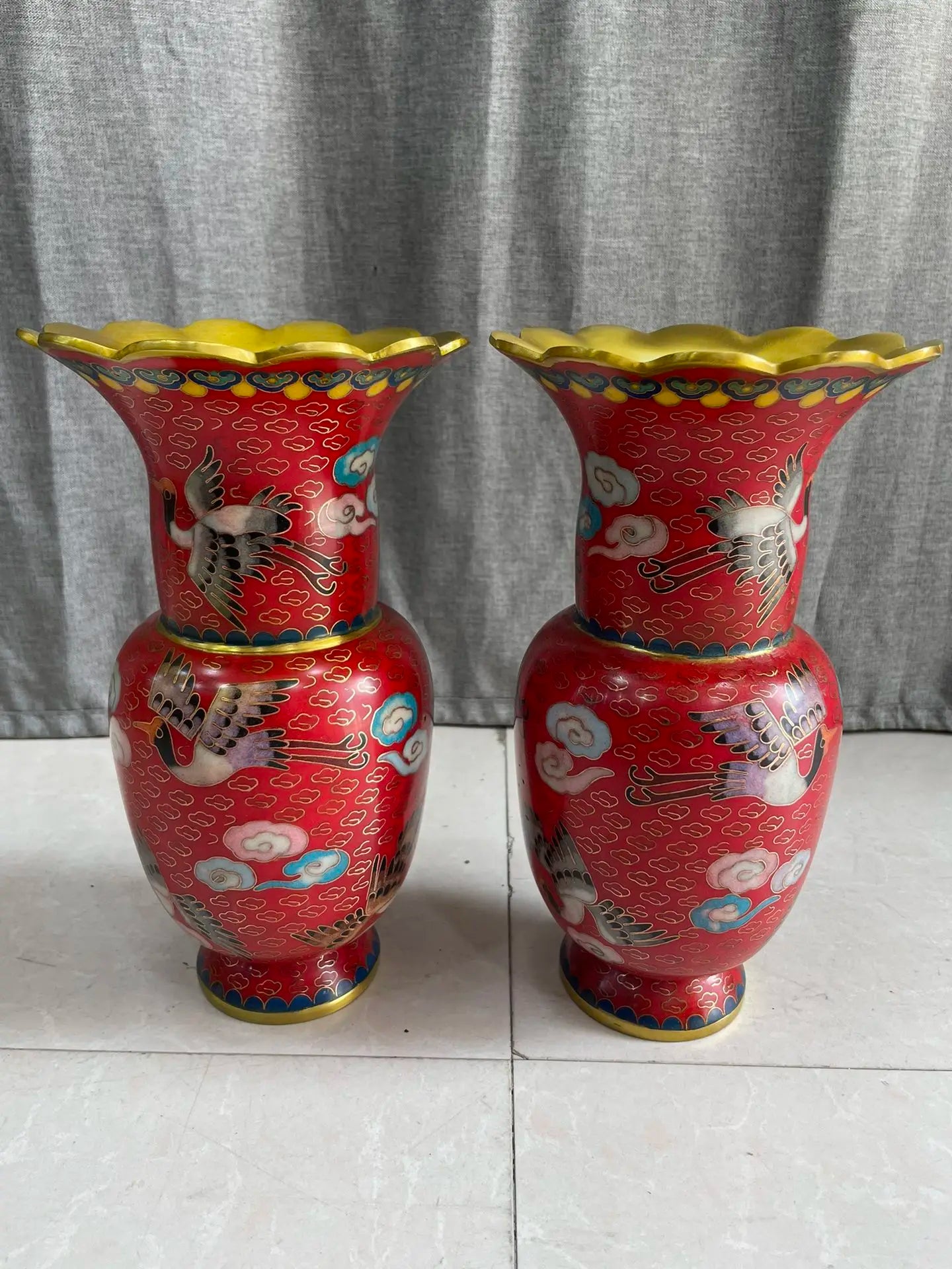 Tibetan Bronze Cloisonné Longevity Crane Vases (Pair, 9")