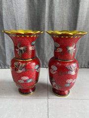 Tibetan Bronze Cloisonné Longevity Crane Vases (Pair, 9")