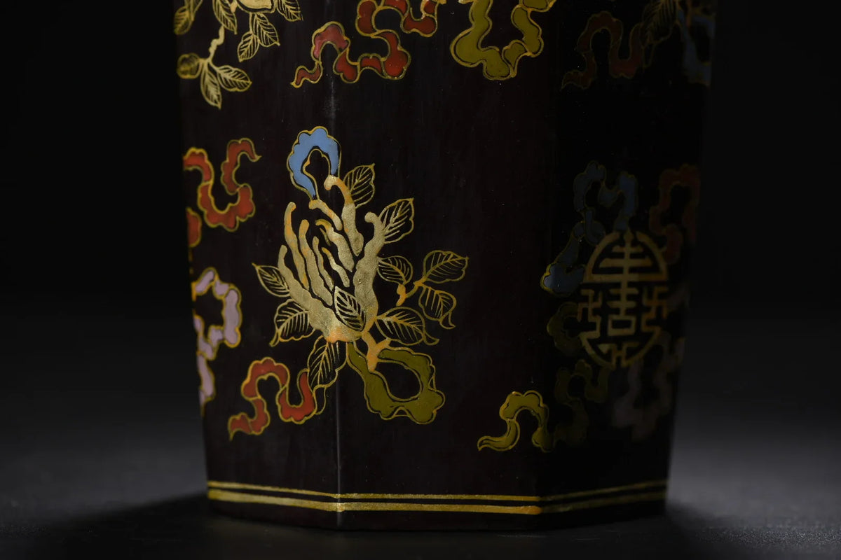Nepalese Lacquerware Brush Pot – Gold “Blessing & Longevity” Peach Flower (6")
