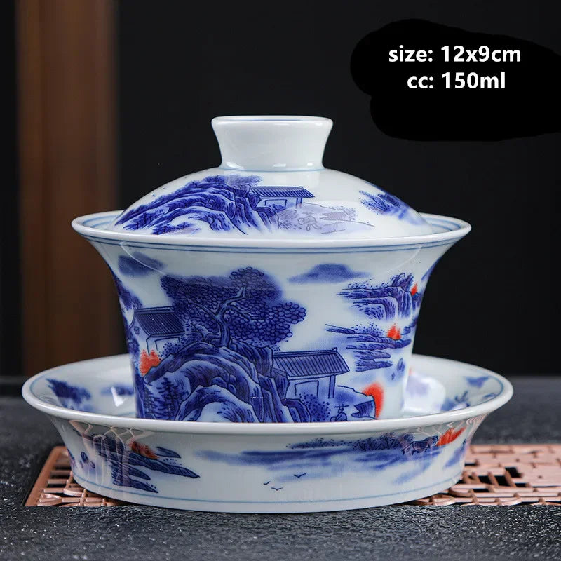 Luxurious 150ml Blue and White Porcelain Gaiwan – Handmade Tea Tureen