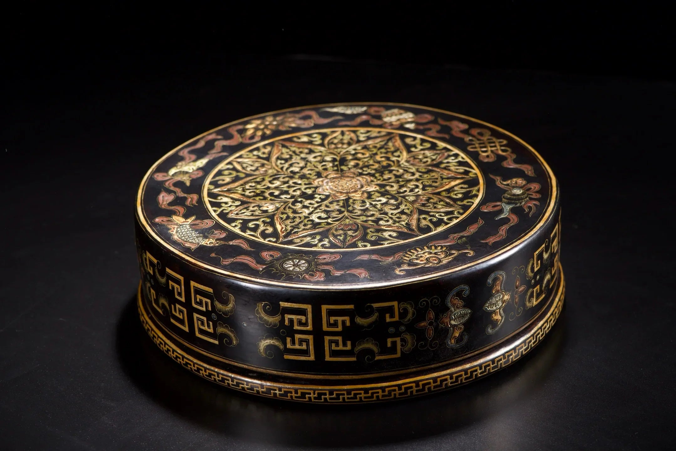 Old Wood Lacquerware Storage Box – Gold Floral & Bat Pattern (Study Wealth Ornament)