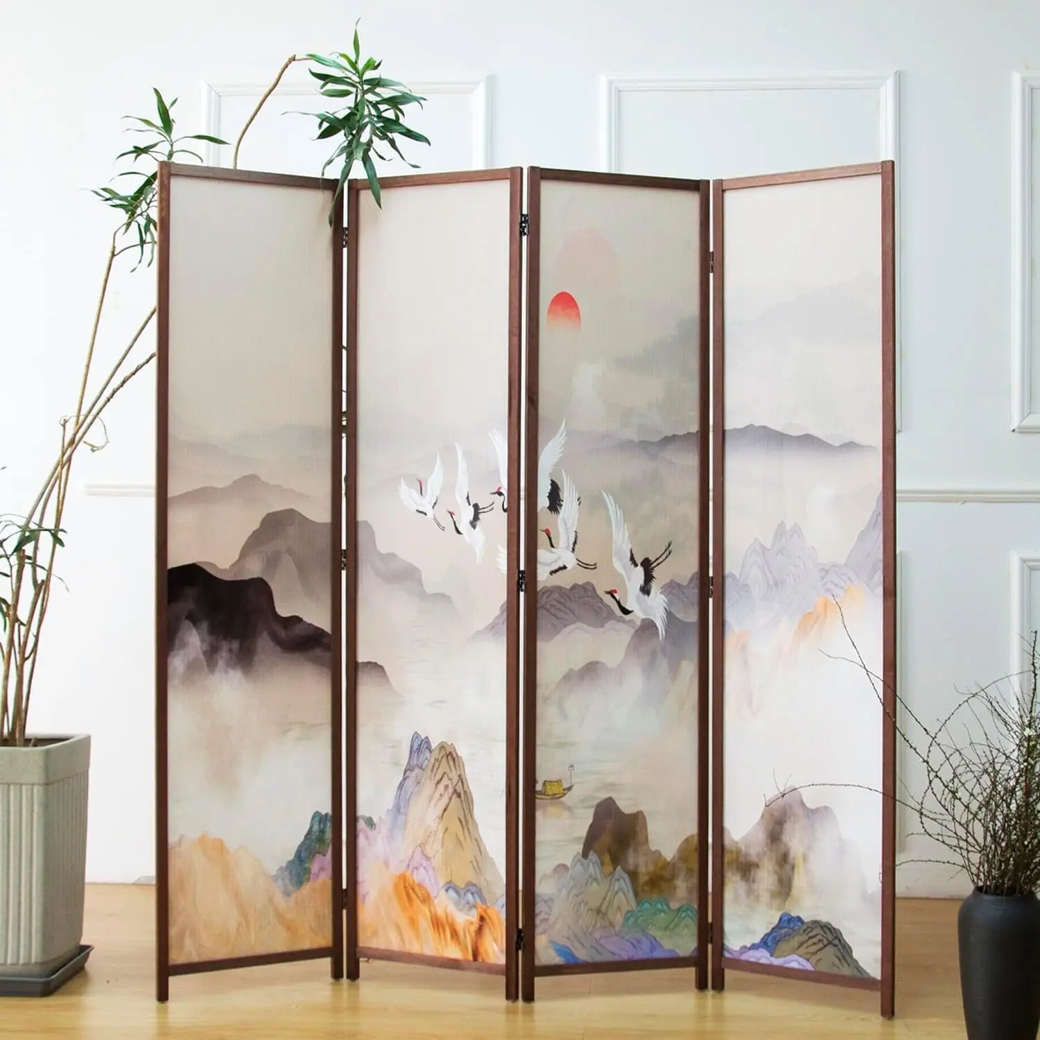 4 Panel Room Divider, Double-Sided Folding Privacy Screen for Home Office – Freestanding Wall Partition with New Chic Colorful Landscape 67" H x 63" W - 5.6 ft Tall