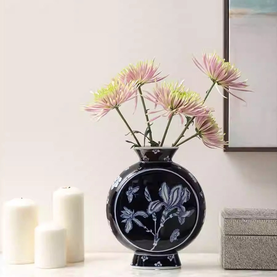 Iris Flower Hand‑Painted Blue & White Porcelain Vase