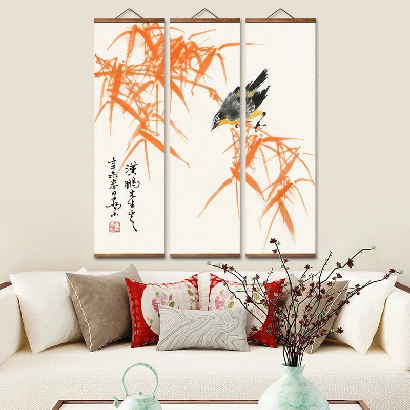 Chinese Style Bird Bamboo Decorative Scroll Painting Poster