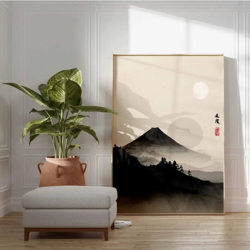 Japanese Traditional Asian Landscape Poster Retro Ukiyo-e Zen Ink Mountain Scenery Canvas Painting Wall Art for Room Home Decor