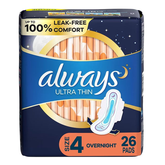 Always Ultra Thin Size 4 Overnight Pads With Wings, Unscented
