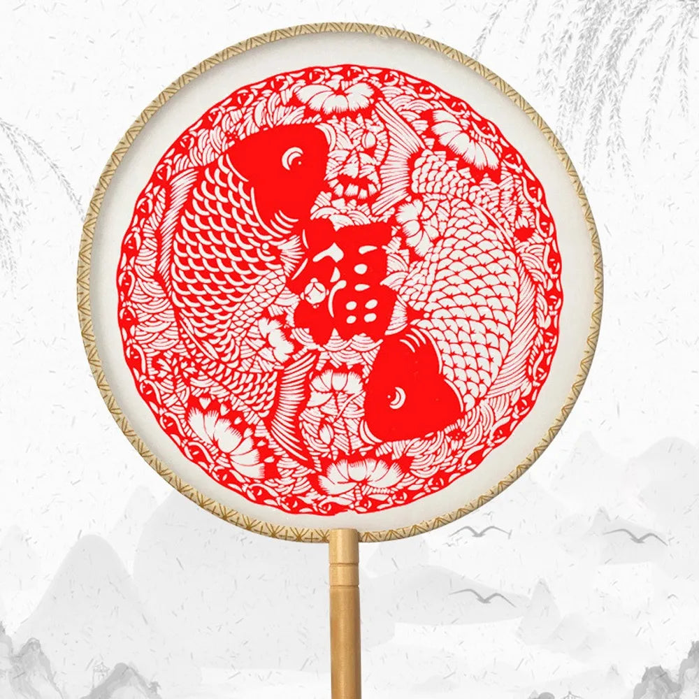 Chinese Paper-Cut Bamboo Silk Hand Fan with Tassel