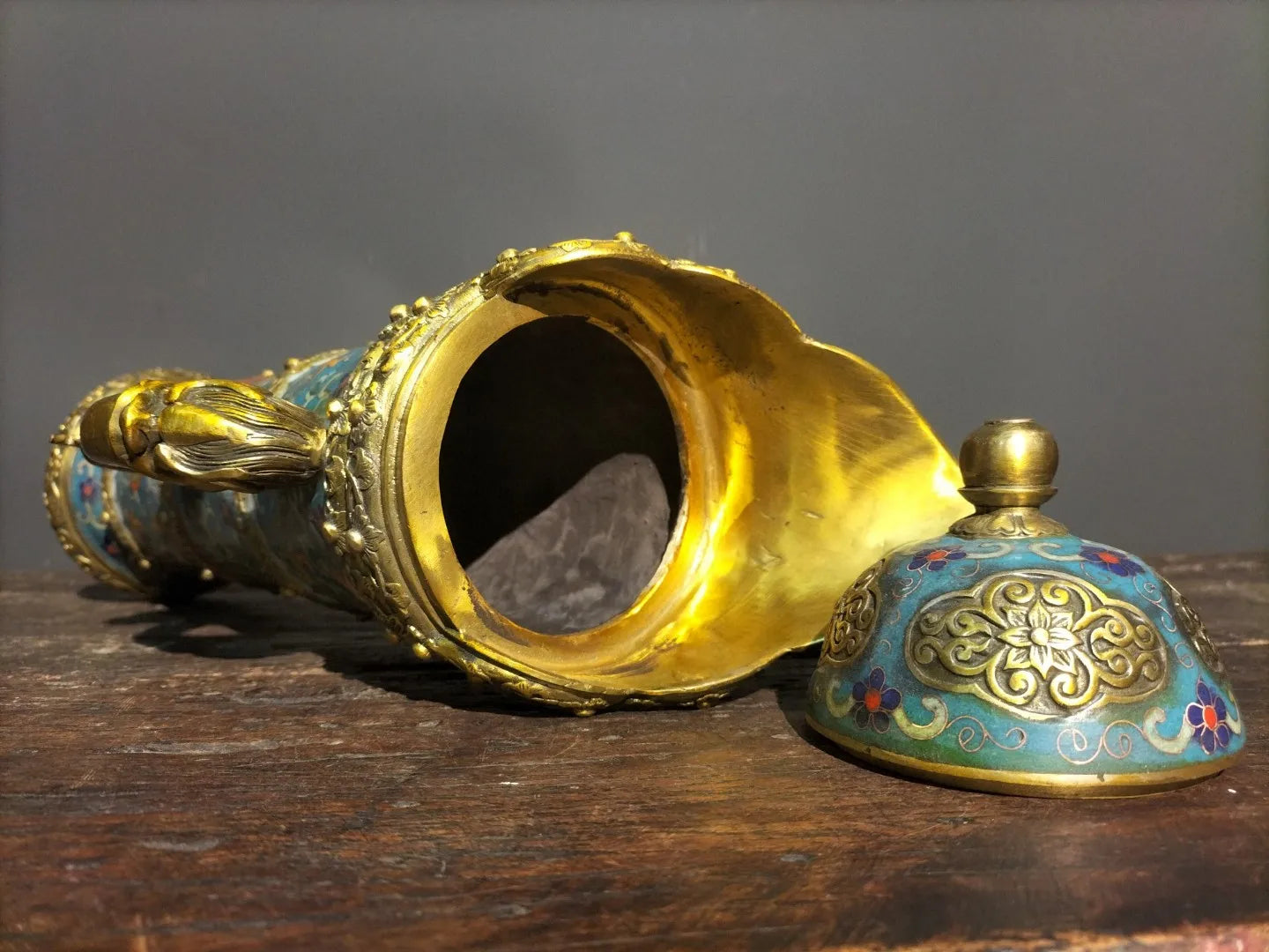 Tibetan Bronze Cloisonné Dragon-Handle Ghee Teapot (15")