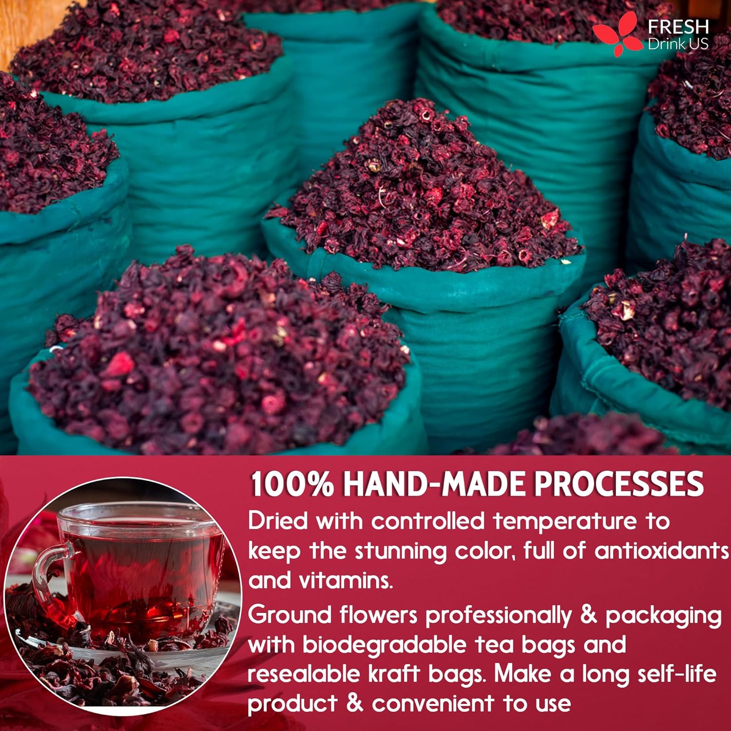 Cooling Heart & Mood Soother Duo, Hibiscus Flower & Spearmint Leaf Herbal Tea Bags, 100% Natural & Pure Flowers and Leaves, No Sugar, No Caffeine, No Gluten, Vegan – Herbal Beverage