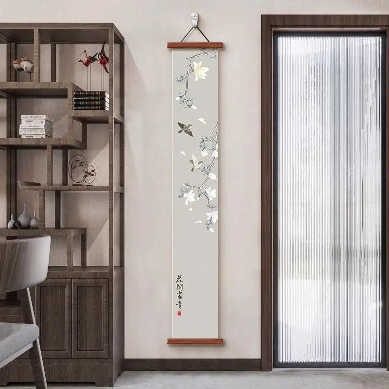 Chinese Style Wall Art, Magnolia Flower Bird Vertical Scroll Painting for Entryway Hallway – Narrow Long Posteration