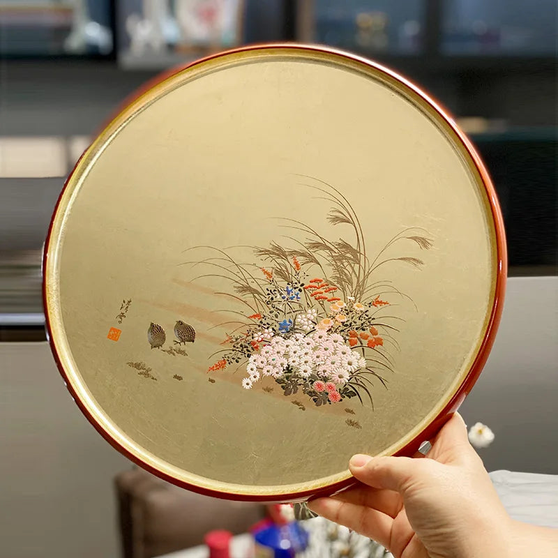 Handmade Gold Foil Round Tray Japanese Style Tea Plate Fruit Plate Mountain Lacquerware Craftsmanship Dining Utensils