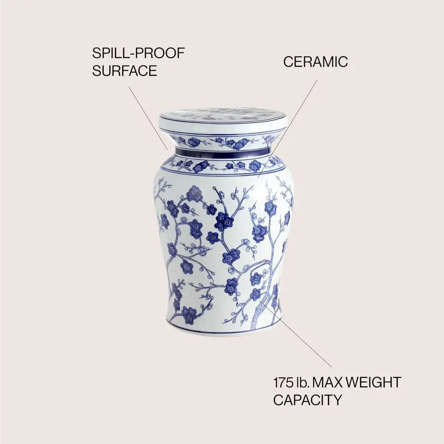 Cherry Blossom Ceramic Garden Stool – 17.7" Indoor/Outdoor Side Table