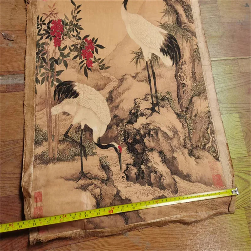 China Old Scroll Painter's Rice Paper Wall Art Slice Shen Quan's Song Mei Double Crane Picture Traditional Asian Decor