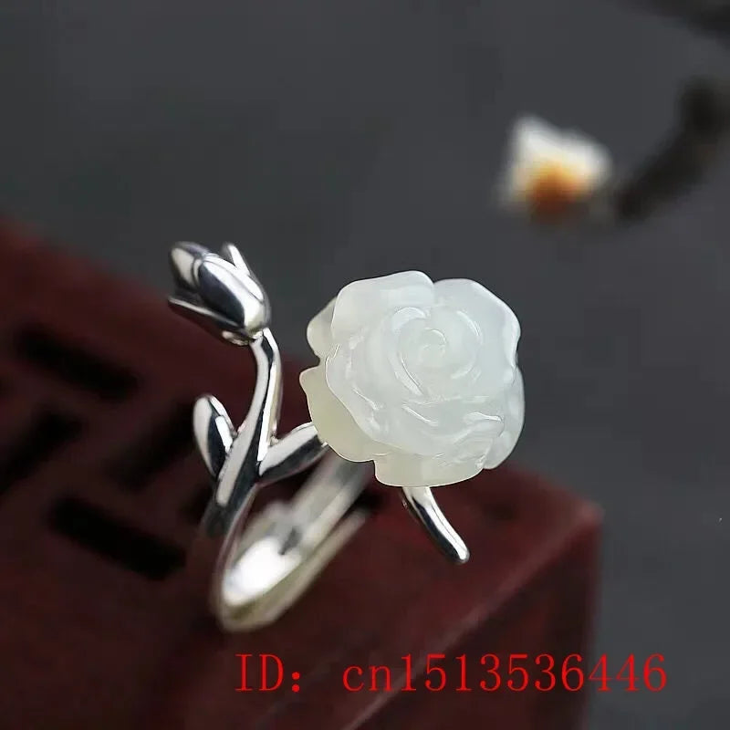 925 Silver White Hetian Jade Flower Adjustable Ring Jewelry Zircon Charm Gifts Crystal Amulet Men Women Chalcedony Fashion