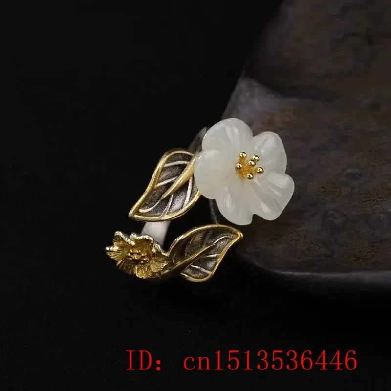 925 Silver White Hetian Jade Flower Adjustable Ring Jewelry Zircon Charm Gifts Crystal Amulet Men Women Chalcedony Fashion