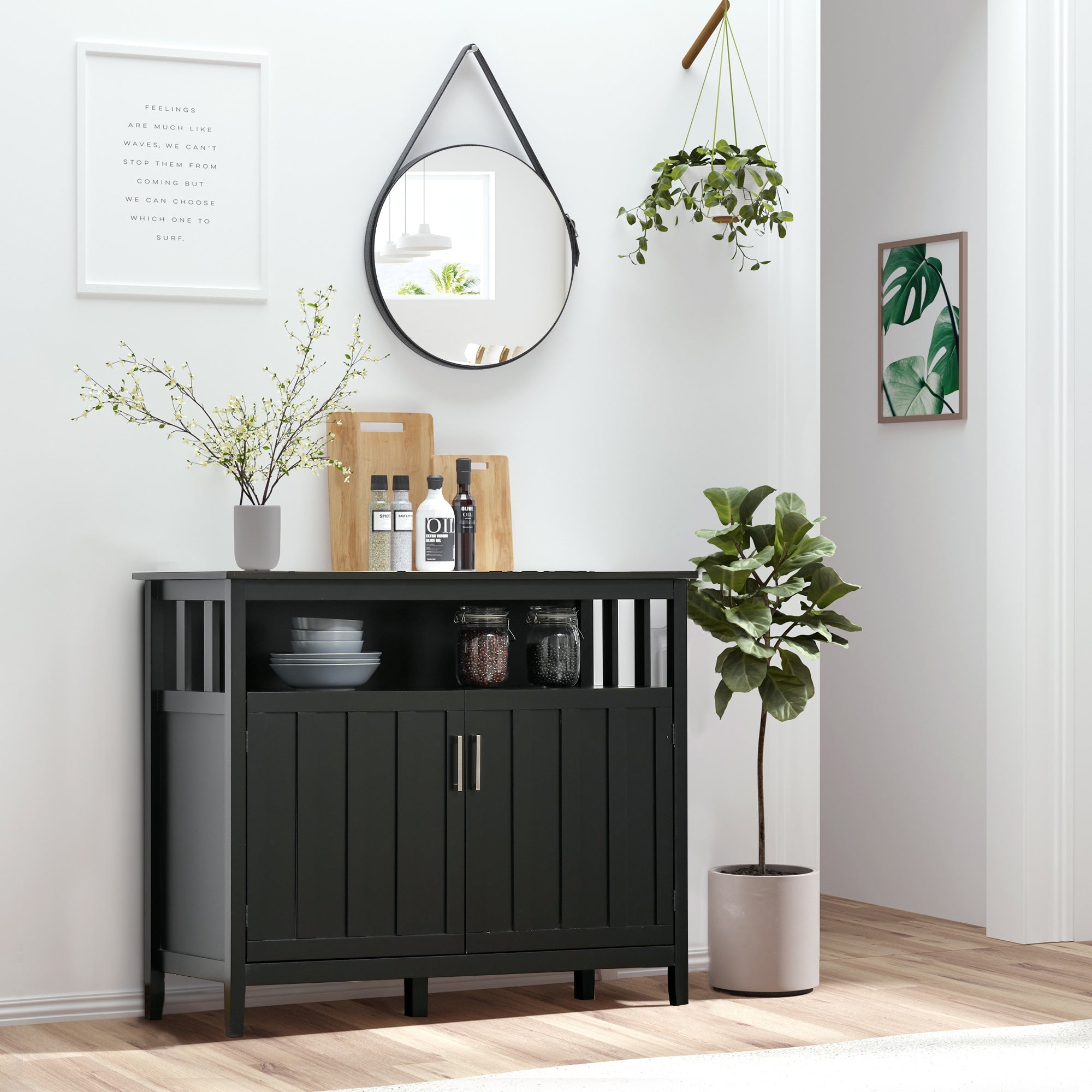 Black Sideboard Buffet Cabinet with 2 Doors and Adjustable Shelves
