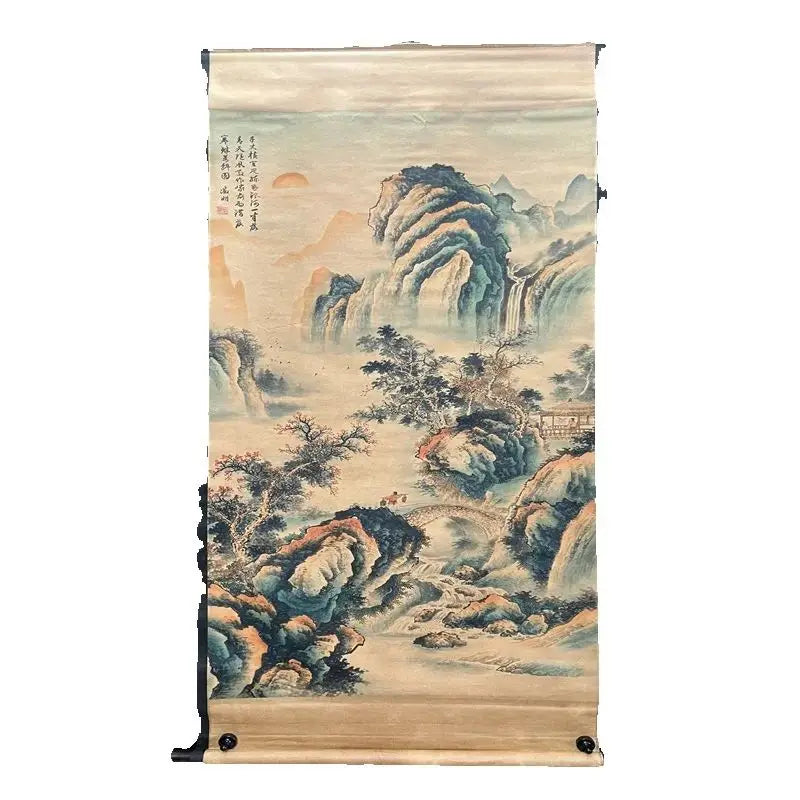 Tang Yin–Style Chinese Landscape Scroll – Ink & Color Hanging Painting