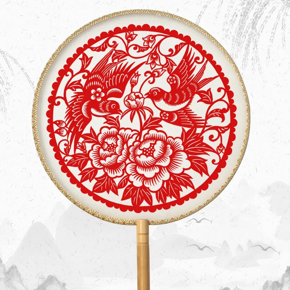 Chinese Paper-Cut Bamboo Silk Hand Fan with Tassel