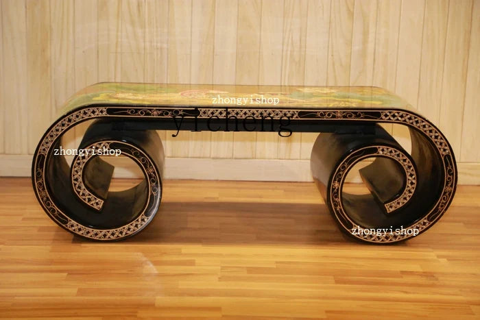 Hand-Painted Piano Table Tea Table Curved Table with Golden Peonies Decoration