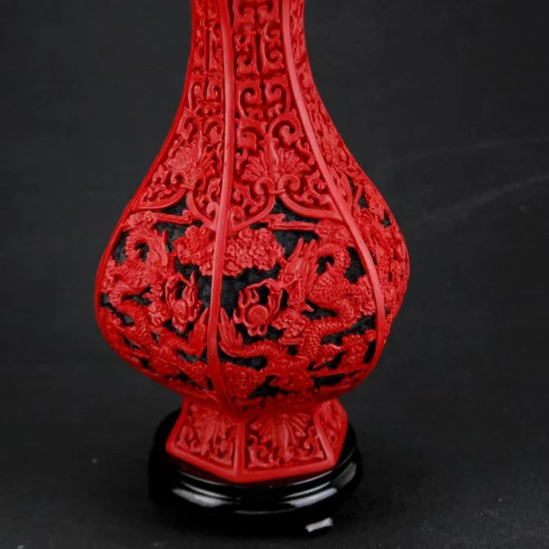 Red Lacquerware Dragon Vase – 10" Chinese Auspicious Decor