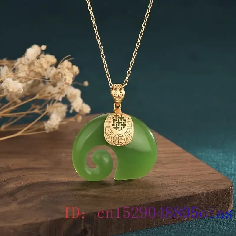 Green Jade Elephant Amulet Pendant Necklace