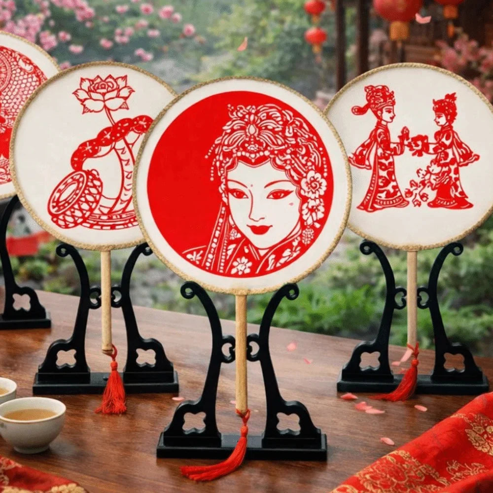 Chinese Paper-Cut Bamboo Silk Hand Fan with Tassel