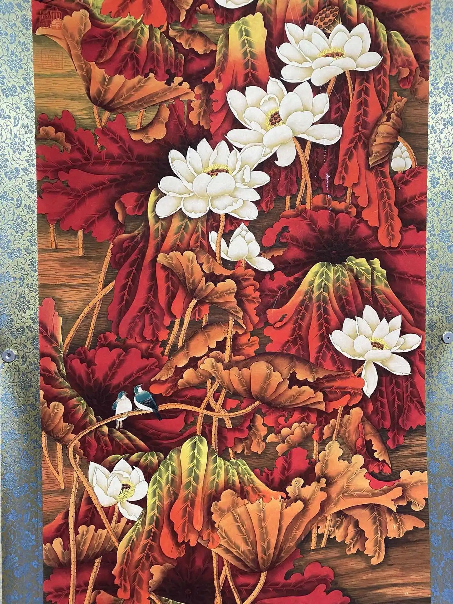 Vintage Chinese Lotus Scroll Painting with Calligraphy by Zhang Daqian