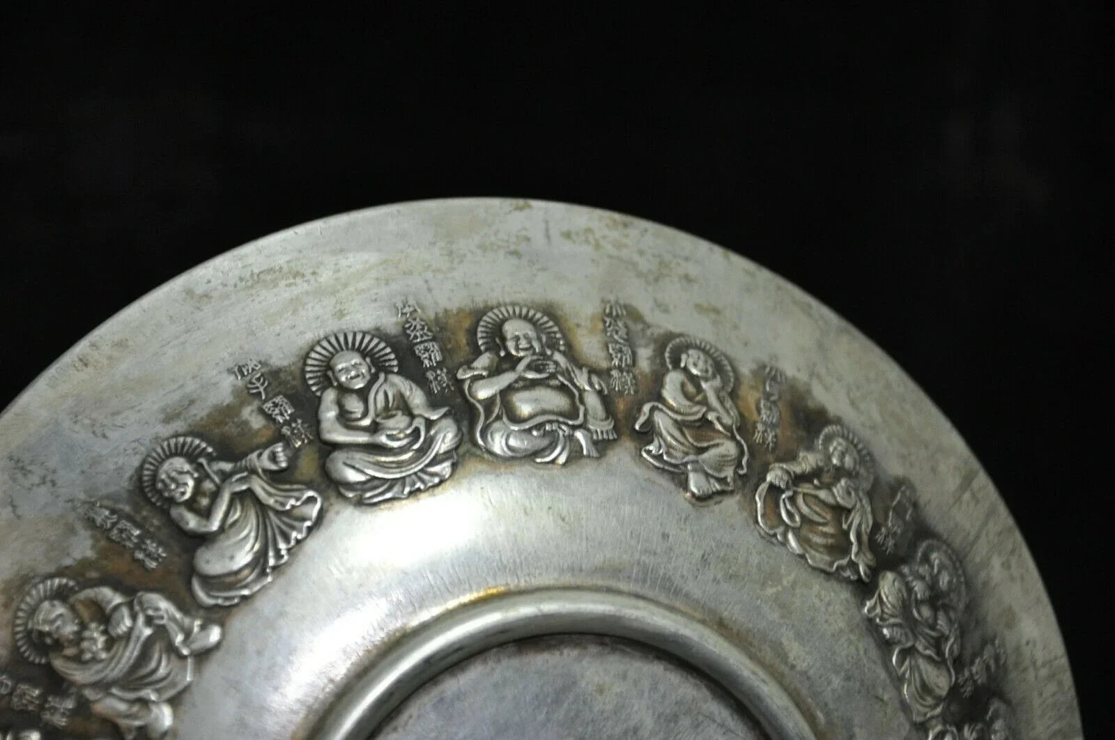 Old Tibetan Silver Lohan Plate – Buddhist Temple Figure Dish