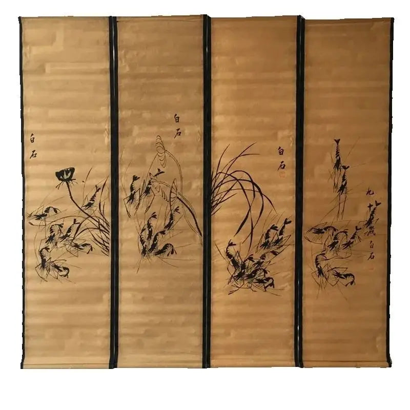 Qi Baishi Chinese Calligraphy And Painting Scroll Famous Artist Shrimp Murals Four Couplets Old Paper Artwork Traditional Decor