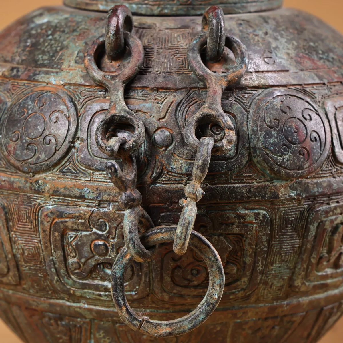 Tibetan Temple Bronze Beam-Handled Jar – Verdigris & Cinnabar Beast-Head Pot (7")