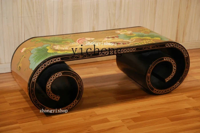 Hand-Painted Piano Table Tea Table Curved Table with Golden Peonies Decoration